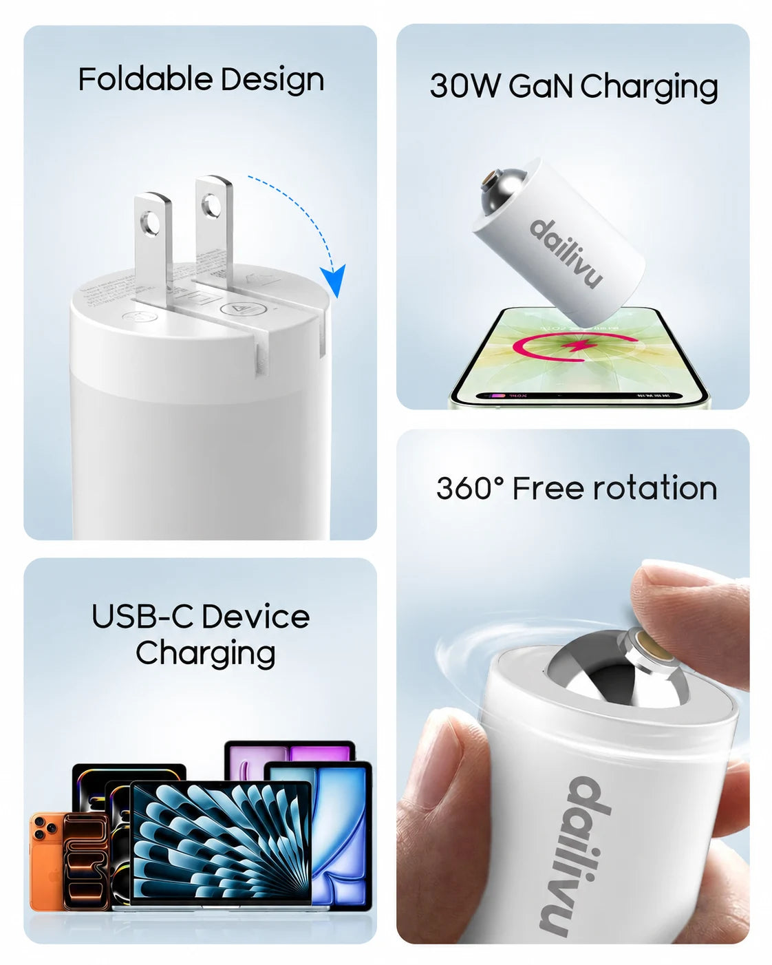 dailivu charger foldable plug, GaN charging and rotating magnetic connection