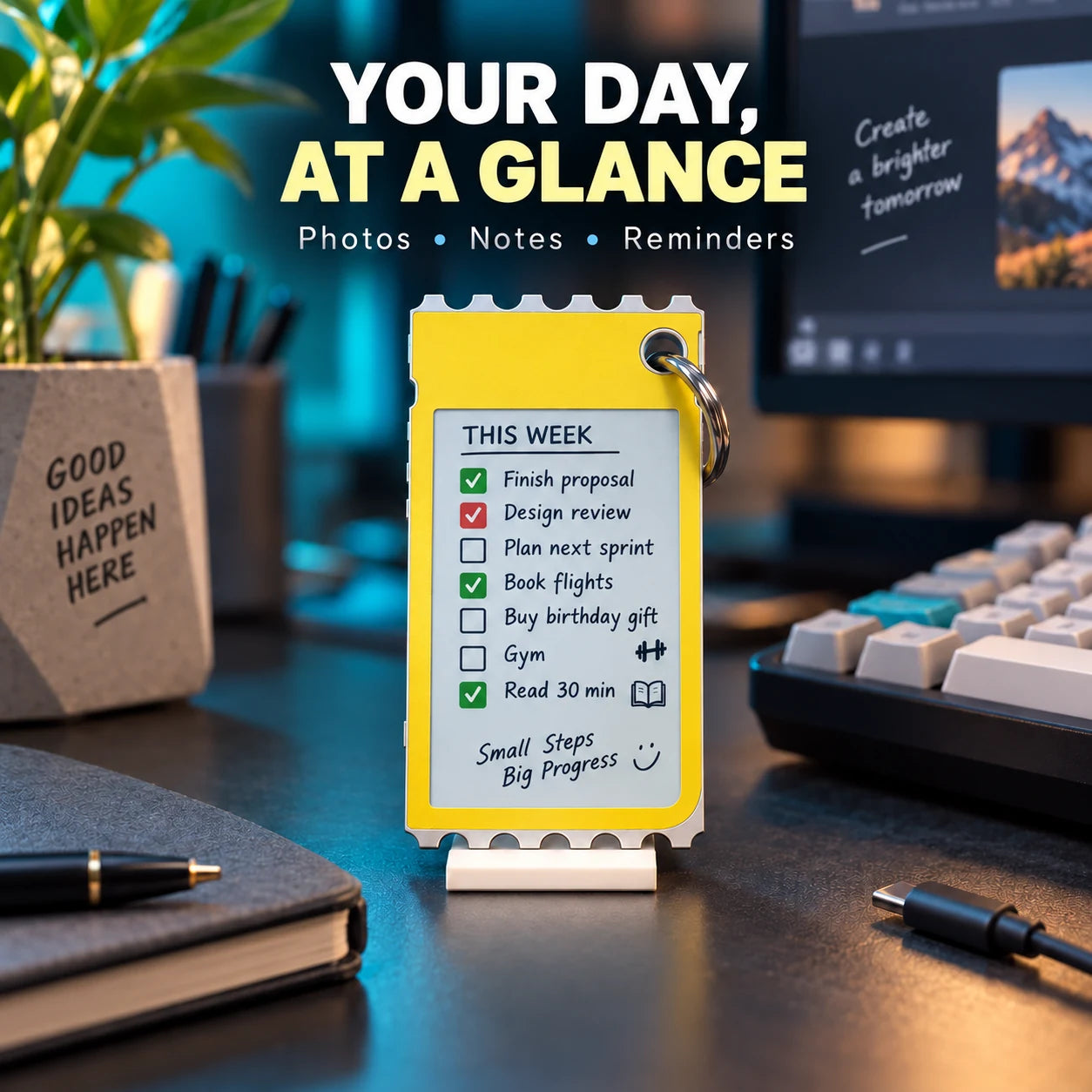 E-paper card displaying a desk reminder