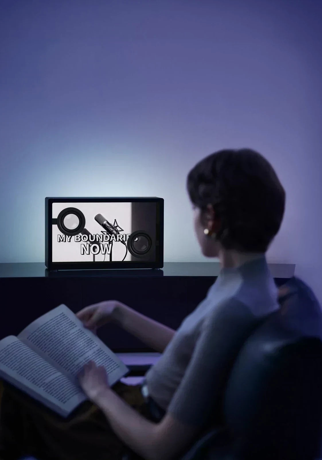 Transparent lyric speaker in a softly lit living room