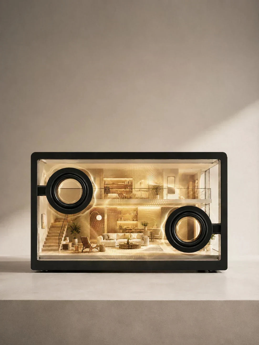 Transparent speaker with an illuminated room visual