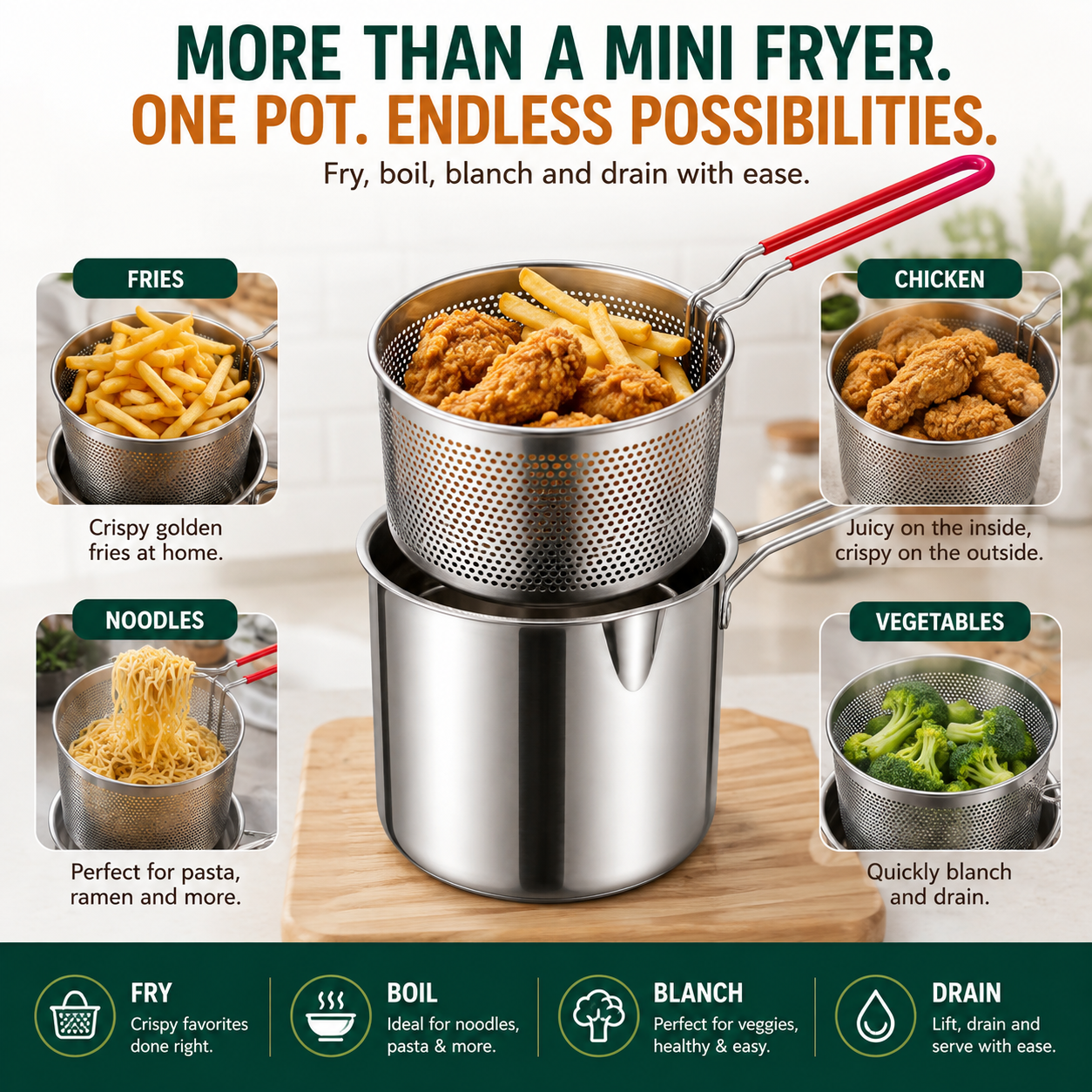Stainless steel mini fryer set used for several cooking methods