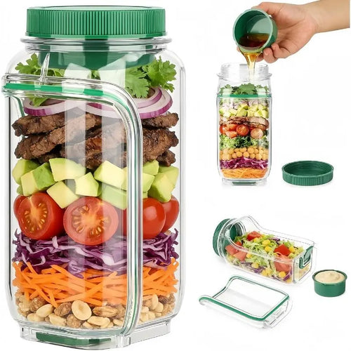 Large Salad Jar with Side Opening, 35oz Leakproof Salad Pod with Dressing Cup