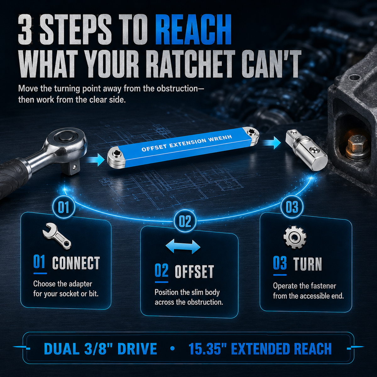 🔩3/8" Offset Extension Wrench Set – Reach Tight Bolts Without Removing Parts🔧