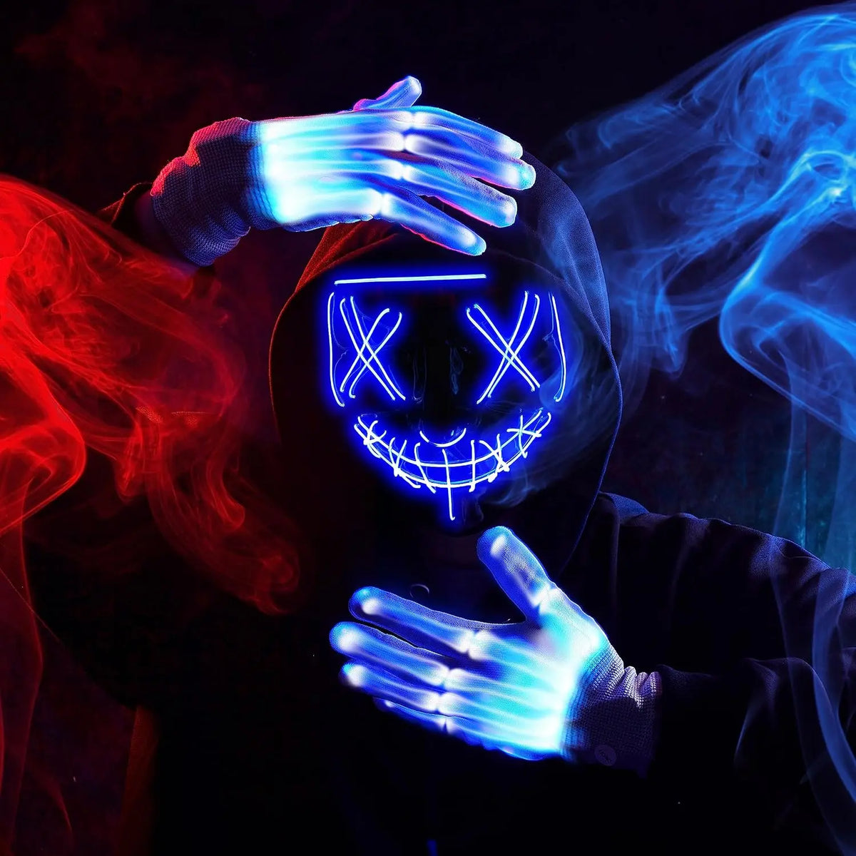 Halloween Led Mask, Light Up Mask and Gloves for Cosplay Costume (Blue), 3 Modes Scary Glow in The Dark Masks for Boys Girls Halloween Party Dress Up Accessories, Gifts Giving