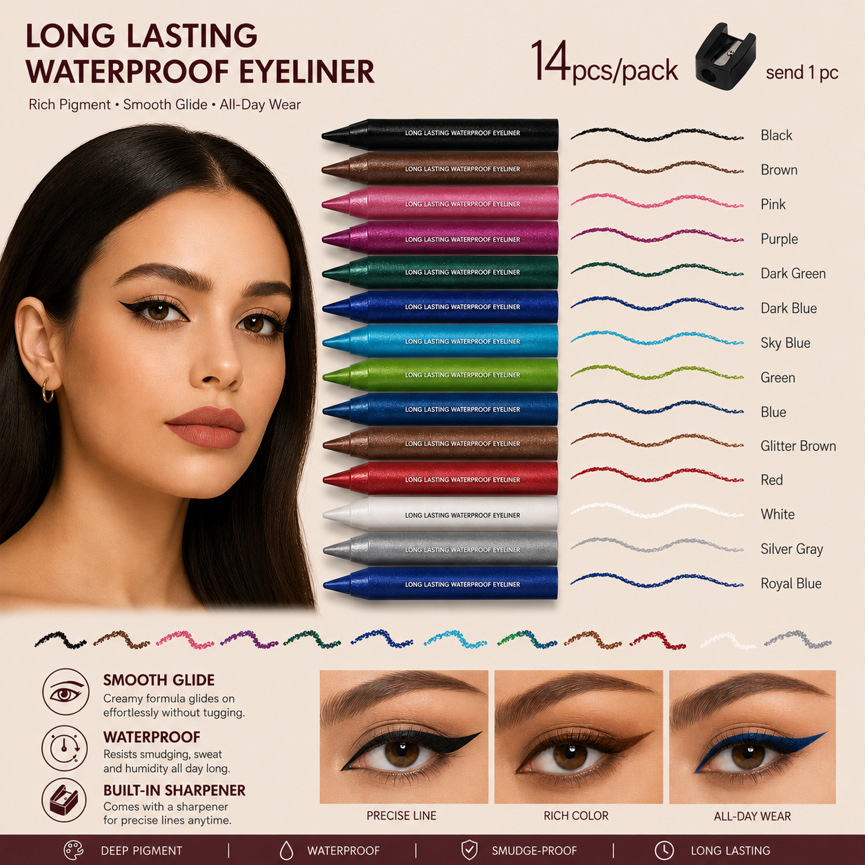 Fourteen colored eyeliner pencils with shade swatches and an included sharpener