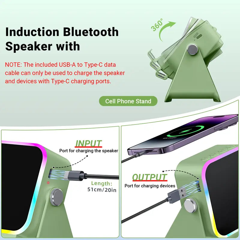 Wireless Induction Audio Speaker Stand, 5in1 Cellphone Holder, 3500mAh Rechargeable Emergency Power Bank,360° Adjustable Mobile Tablet Stand with Colorful Ambient Light Gifts for Men Women, tiktokshopbacktoschool