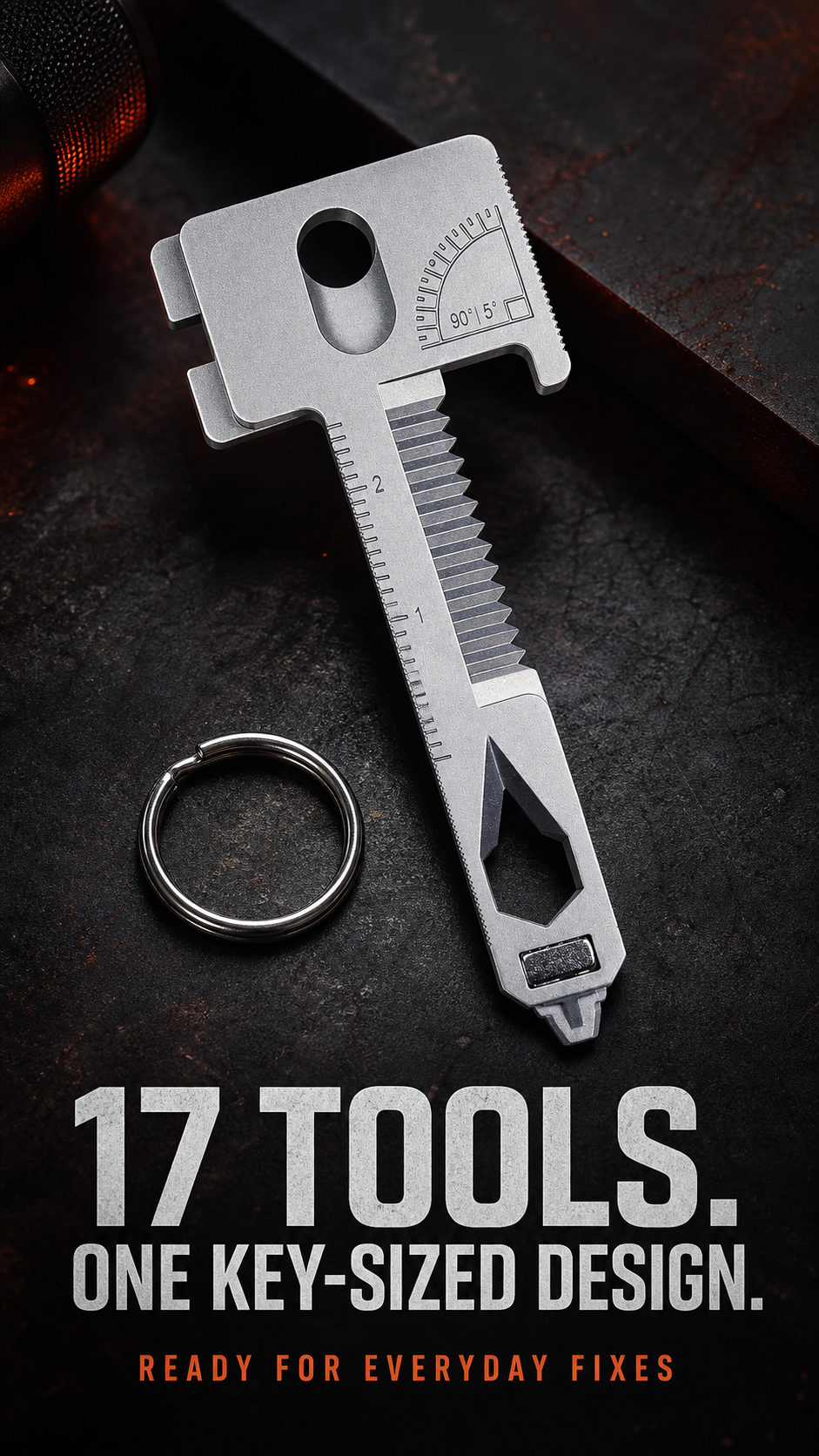 Silver 17-in-1 keychain multitool on a dark work surface