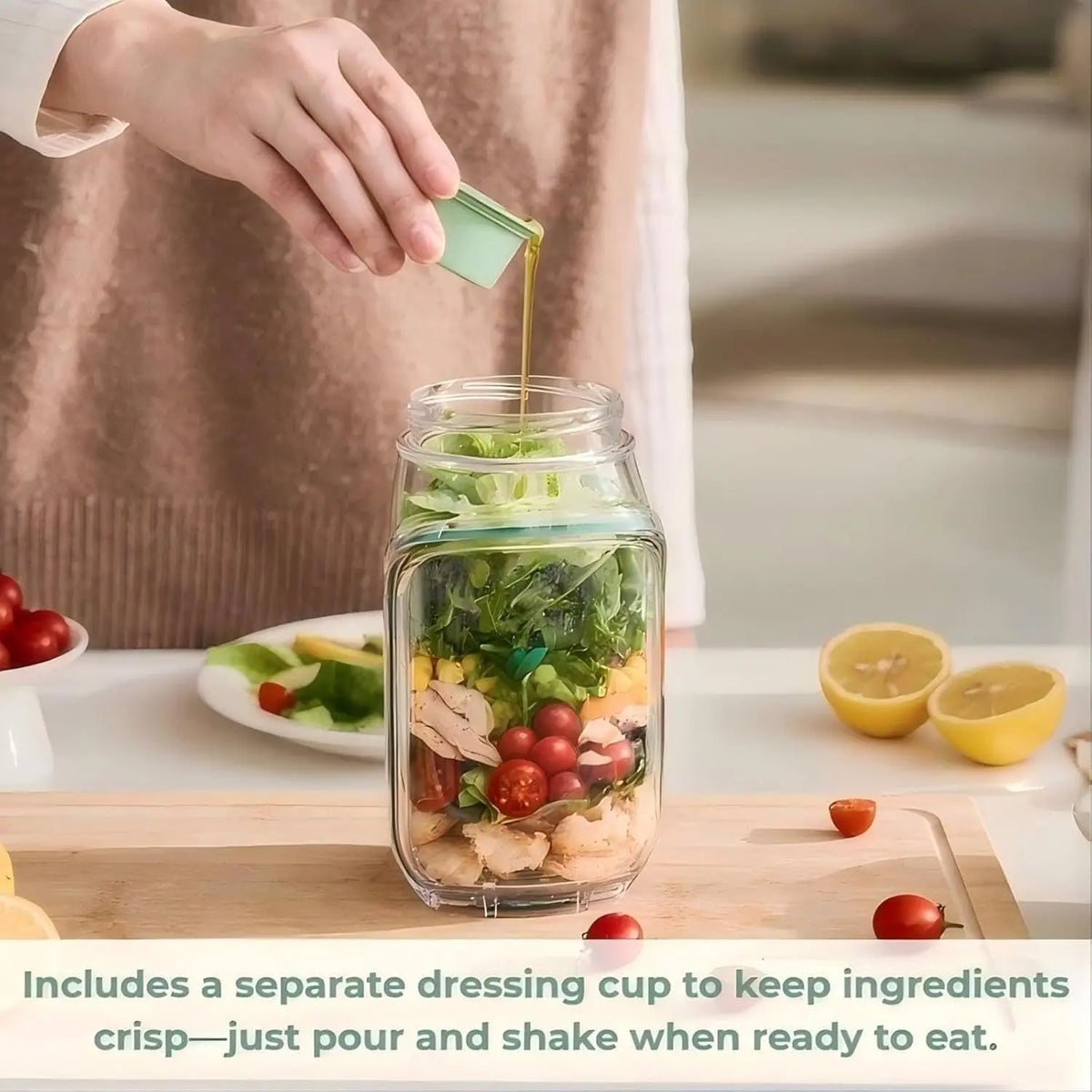 Large Salad Jar with Side Opening, 35oz Leakproof Salad Pod with Dressing Cup