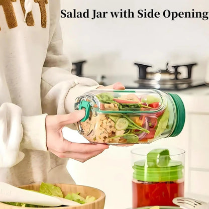 Large Salad Jar with Side Opening, 35oz Leakproof Salad Pod with Dressing Cup
