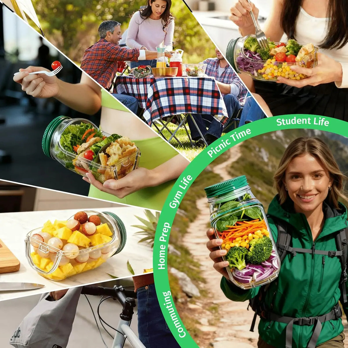 Large Salad Jar with Side Opening, 35oz Leakproof Salad Pod with Dressing Cup