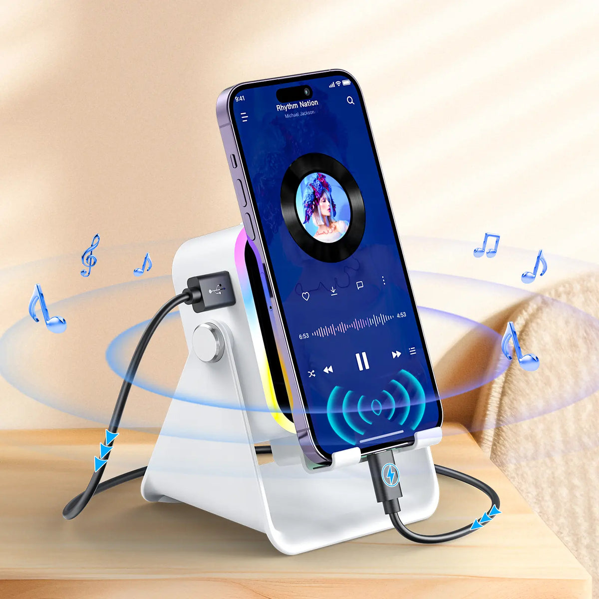 Wireless Induction Audio Speaker Stand, 5in1 Cellphone Holder, 3500mAh Rechargeable Emergency Power Bank,360° Adjustable Mobile Tablet Stand with Colorful Ambient Light Gifts for Men Women, tiktokshopbacktoschool