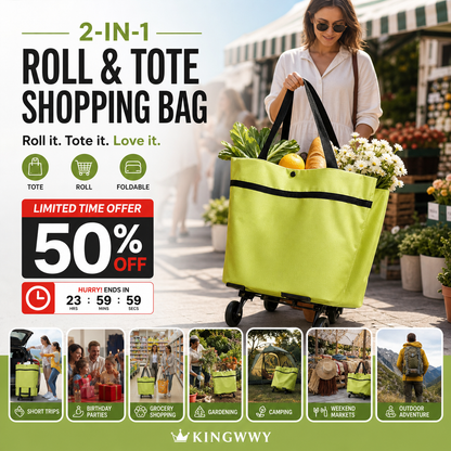 🛒 50% RABATT NU! 🧳 2‑i‑1 Hopfällbar Shoppingvagn – Stor Kapacitet & Slitstarkt Oxford-tyg – Perfekt för Matbutik, Marknad, Camping & Resor 🌿