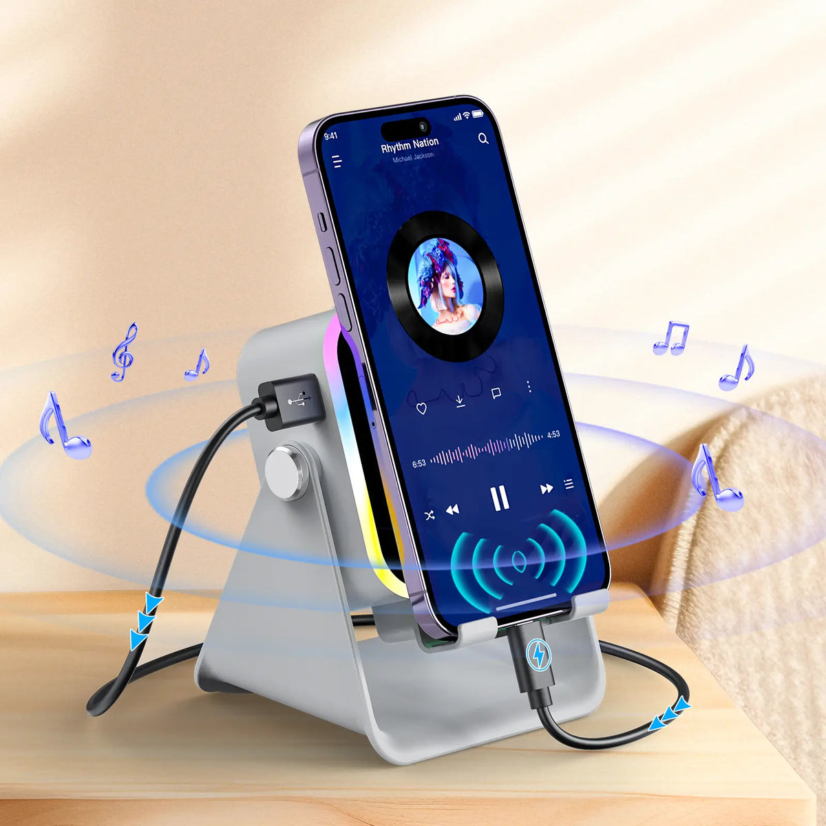 Wireless Induction Audio Speaker Stand, 5in1 Cellphone Holder, 3500mAh Rechargeable Emergency Power Bank,360° Adjustable Mobile Tablet Stand with Colorful Ambient Light Gifts for Men Women, tiktokshopbacktoschool