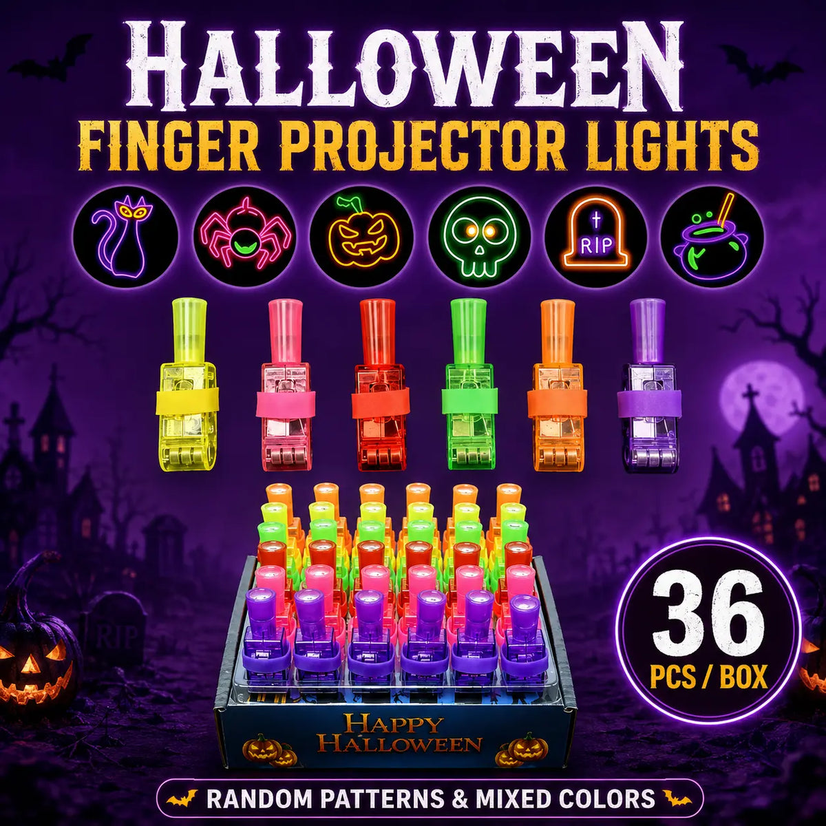 🎃 TODAY ONLY 50% OFF — 36PCS Halloween Finger Projector Rings ✨ 6 Spooky Light-Up Designs