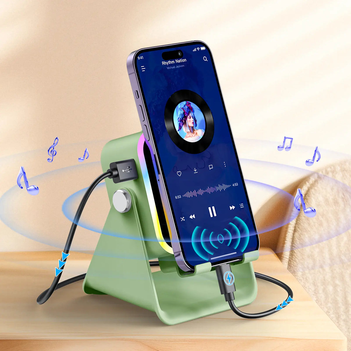 Wireless Induction Audio Speaker Stand, 5in1 Cellphone Holder, 3500mAh Rechargeable Emergency Power Bank,360° Adjustable Mobile Tablet Stand with Colorful Ambient Light Gifts for Men Women, tiktokshopbacktoschool