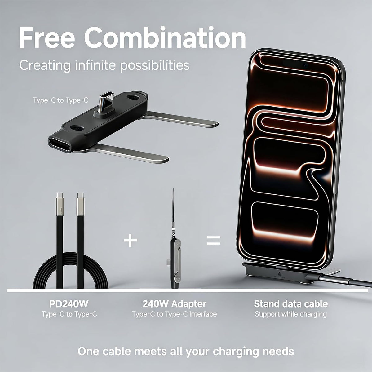 Cable de carga invisible con soporte y base, 240 W, USB-C