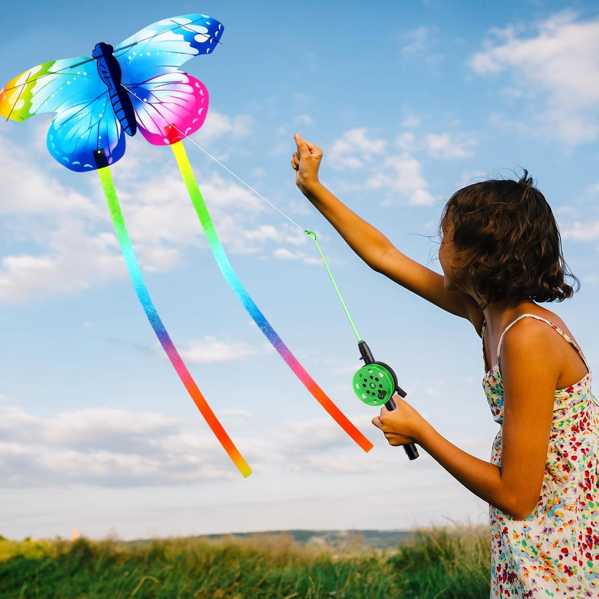 Simgoing 6 Pcs Mini Fishing Rod Kite for Kids Ages 4-12 - 12 Inch Portable Handle Kites with 30m String, Easy to Fly for Spring Outdoor Beach, Family Reunion, Team Building Activities, Picnic, Camping