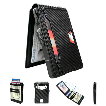Carbon finish slim RFID pop-up wallet with bifold layout