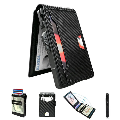 Carbon finish slim RFID pop-up wallet with bifold layout