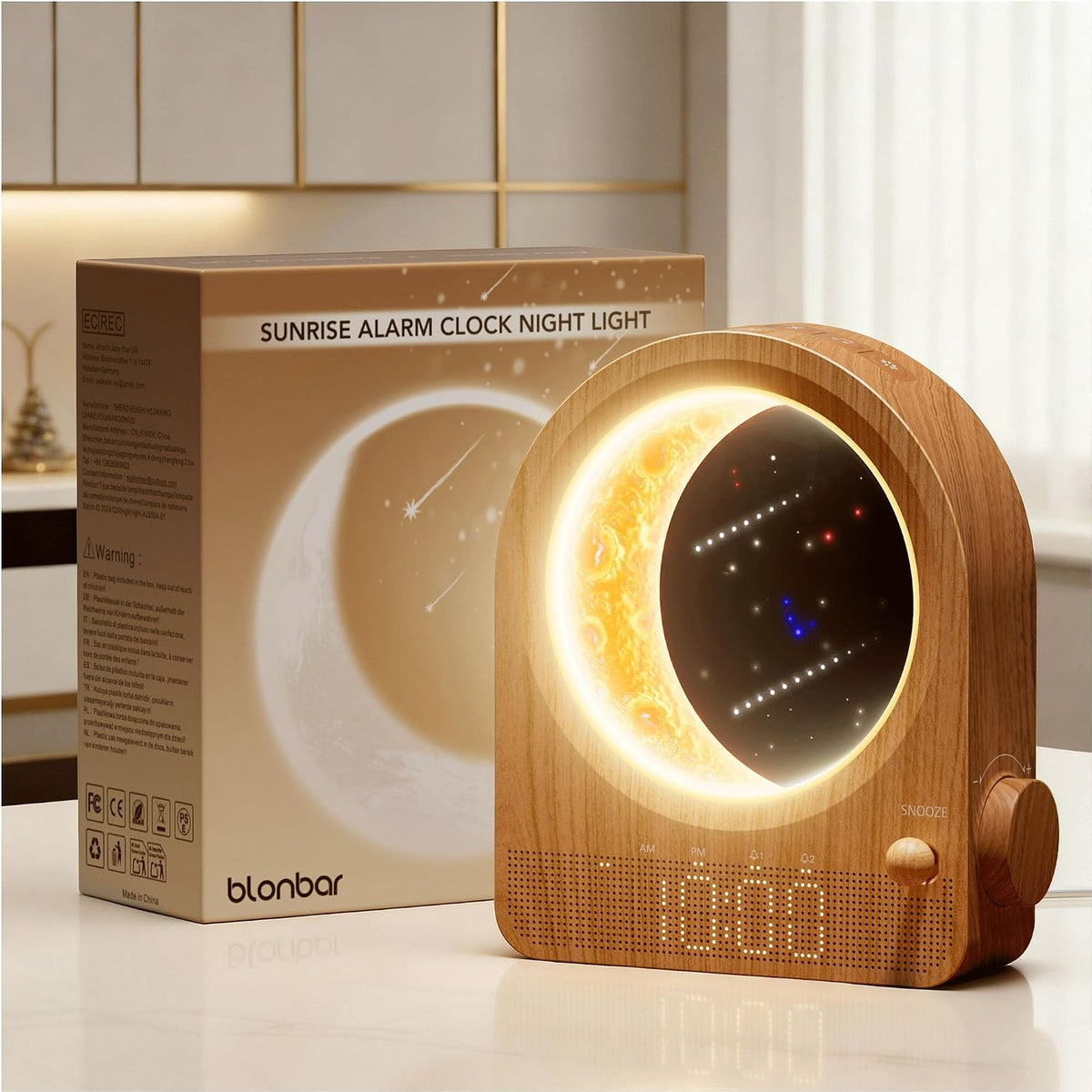 Sunrise Alarm Clocks for Bedrooms, Stepless Dimmable Moon Lamp Dual Alarm Clock with 12Levels Volume for Heavy Sleepers, 10 Natural Sounds with 30/60/90mins Timer, Gifts for Women