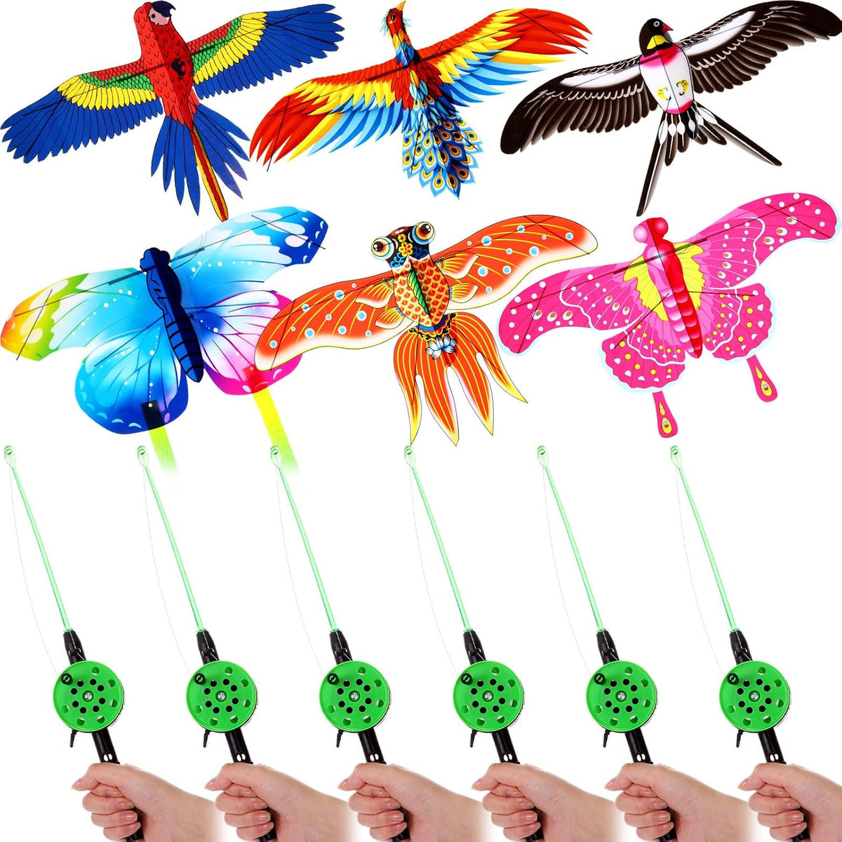 Simgoing 6 Pcs Mini Fishing Rod Kite for Kids Ages 4-12 - 12 Inch Portable Handle Kites with 30m String, Easy to Fly for Spring Outdoor Beach, Family Reunion, Team Building Activities, Picnic, Camping