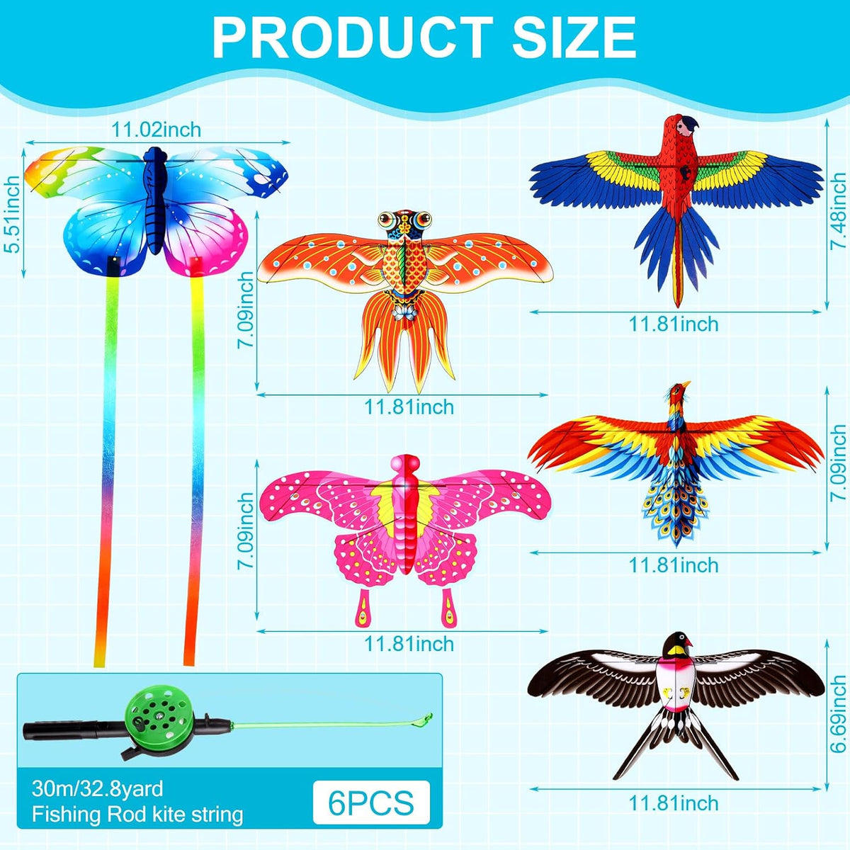 Simgoing 6 Pcs Mini Fishing Rod Kite for Kids Ages 4-12 - 12 Inch Portable Handle Kites with 30m String, Easy to Fly for Spring Outdoor Beach, Family Reunion, Team Building Activities, Picnic, Camping