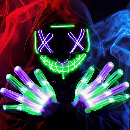 Halloween Led Mask, Light Up Mask and Gloves for Cosplay Costume (Blue), 3 Modes Scary Glow in The Dark Masks for Boys Girls Halloween Party Dress Up Accessories, Gifts Giving