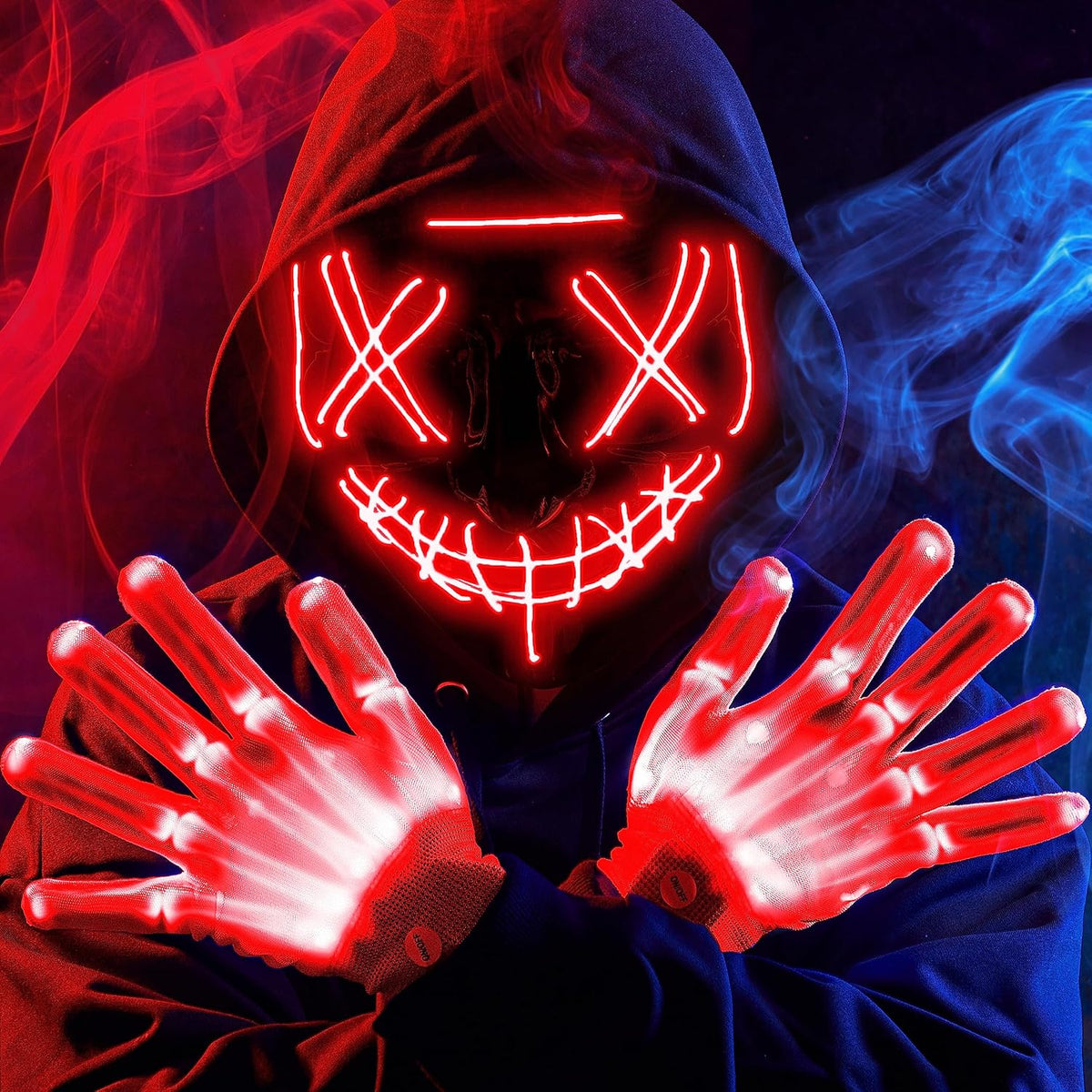 Halloween Led Mask, Light Up Mask and Gloves for Cosplay Costume (Blue), 3 Modes Scary Glow in The Dark Masks for Boys Girls Halloween Party Dress Up Accessories, Gifts Giving