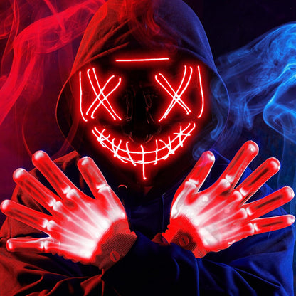 Halloween Led Mask, Light Up Mask and Gloves for Cosplay Costume (Blue), 3 Modes Scary Glow in The Dark Masks for Boys Girls Halloween Party Dress Up Accessories, Gifts Giving