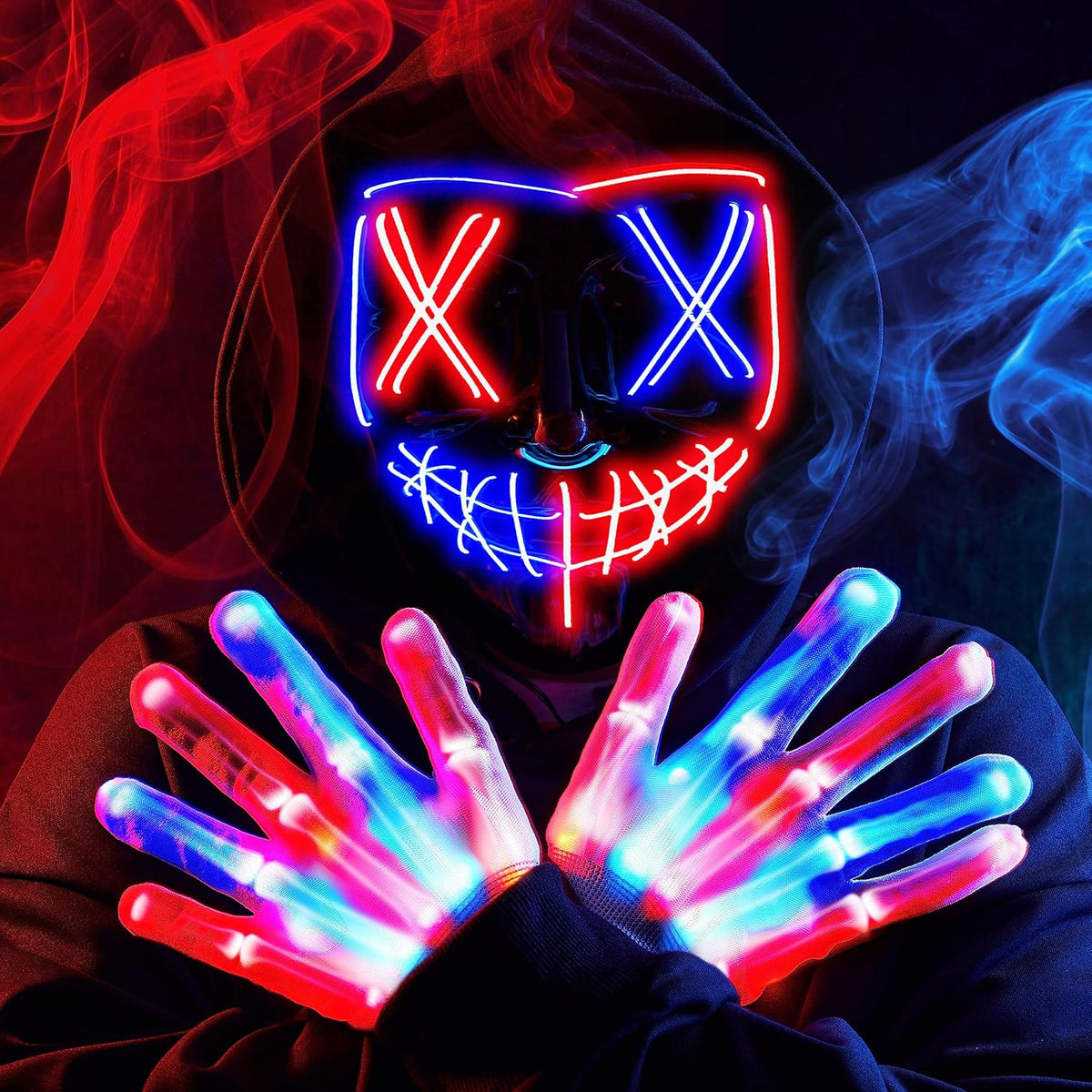 Halloween Led Mask, Light Up Mask and Gloves for Cosplay Costume (Blue), 3 Modes Scary Glow in The Dark Masks for Boys Girls Halloween Party Dress Up Accessories, Gifts Giving
