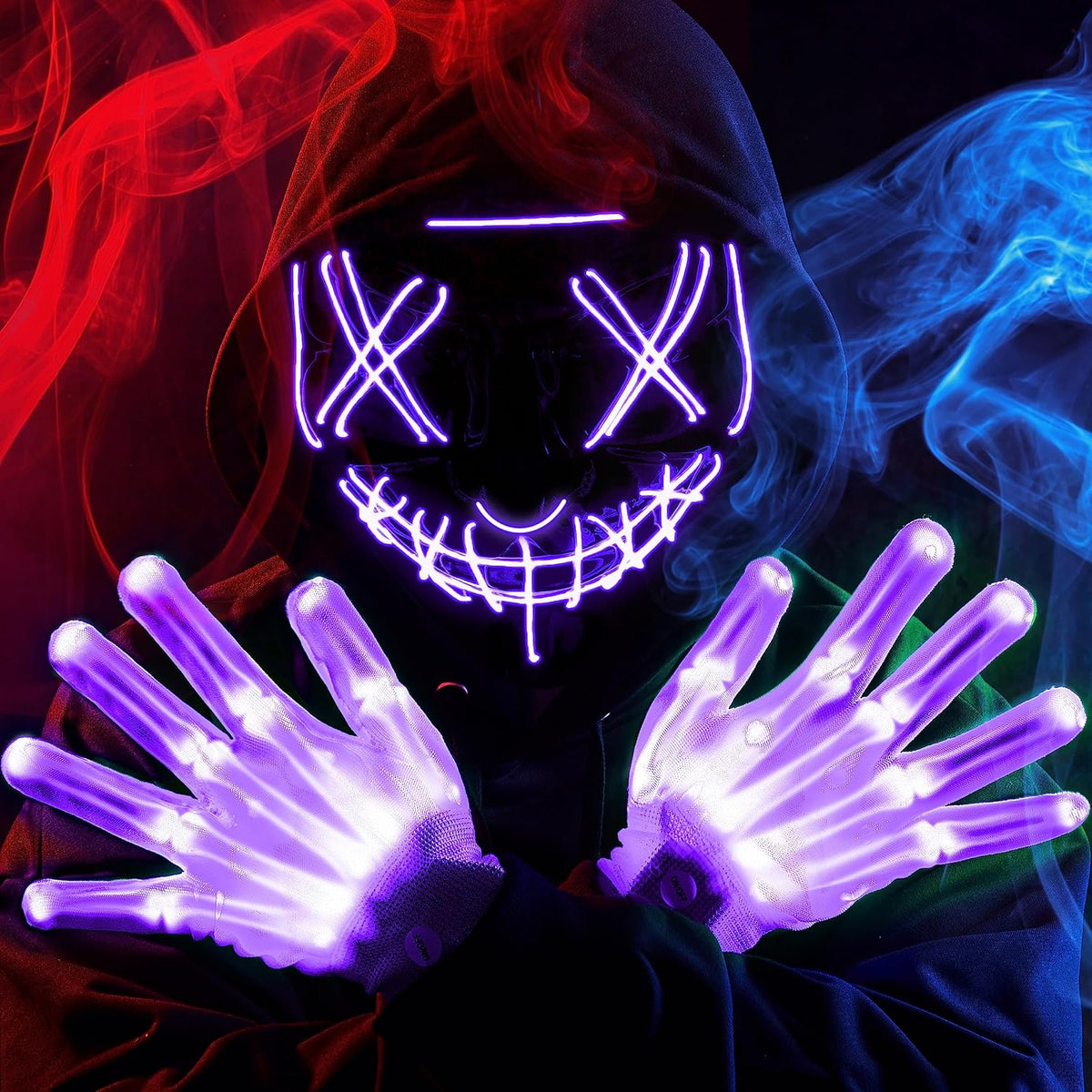 Halloween Led Mask, Light Up Mask and Gloves for Cosplay Costume (Blue), 3 Modes Scary Glow in The Dark Masks for Boys Girls Halloween Party Dress Up Accessories, Gifts Giving