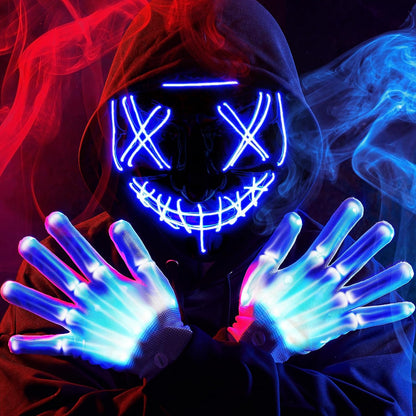 Halloween Led Mask, Light Up Mask and Gloves for Cosplay Costume (Blue), 3 Modes Scary Glow in The Dark Masks for Boys Girls Halloween Party Dress Up Accessories, Gifts Giving