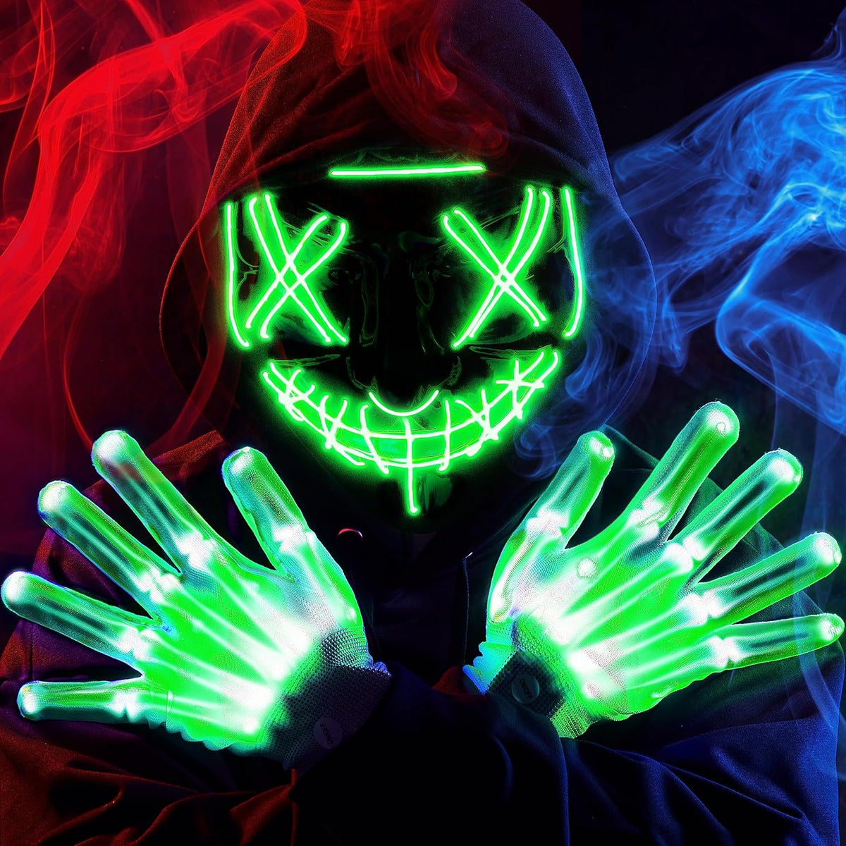 Halloween Led Mask, Light Up Mask and Gloves for Cosplay Costume (Blue), 3 Modes Scary Glow in The Dark Masks for Boys Girls Halloween Party Dress Up Accessories, Gifts Giving