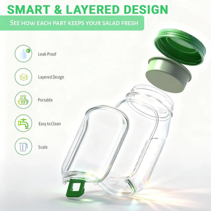Large Salad Jar with Side Opening, 35oz Leakproof Salad Pod with Dressing Cup