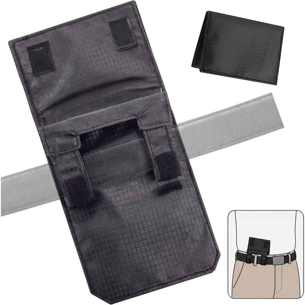 Back and front view of black nylon passport pouch