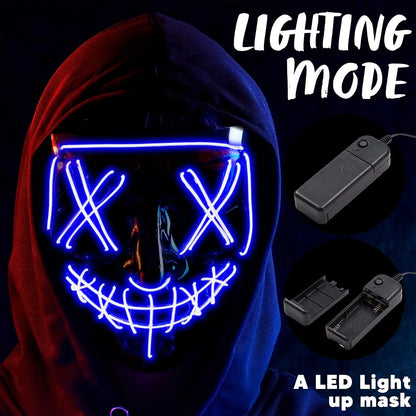 Halloween Led Mask, Light Up Mask and Gloves for Cosplay Costume (Blue), 3 Modes Scary Glow in The Dark Masks for Boys Girls Halloween Party Dress Up Accessories, Gifts Giving