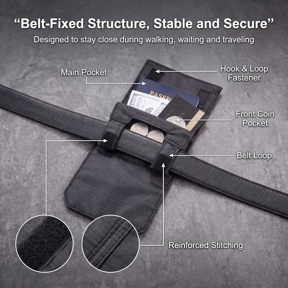 Labeled passport pouch pockets and belt attachment