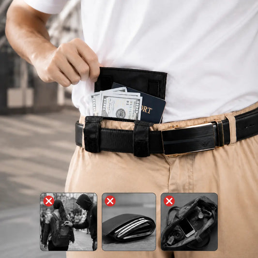 Black passport pouch worn discreetly on a belt