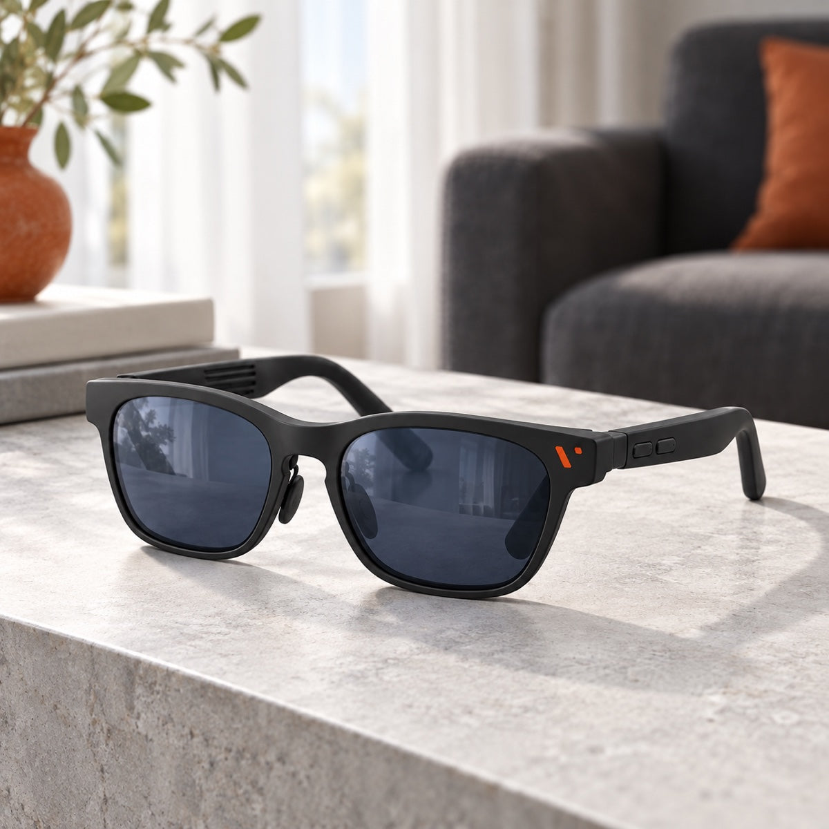 Dailivu S2 Pro glasses on a stone table in a quiet, sunlit lounge.