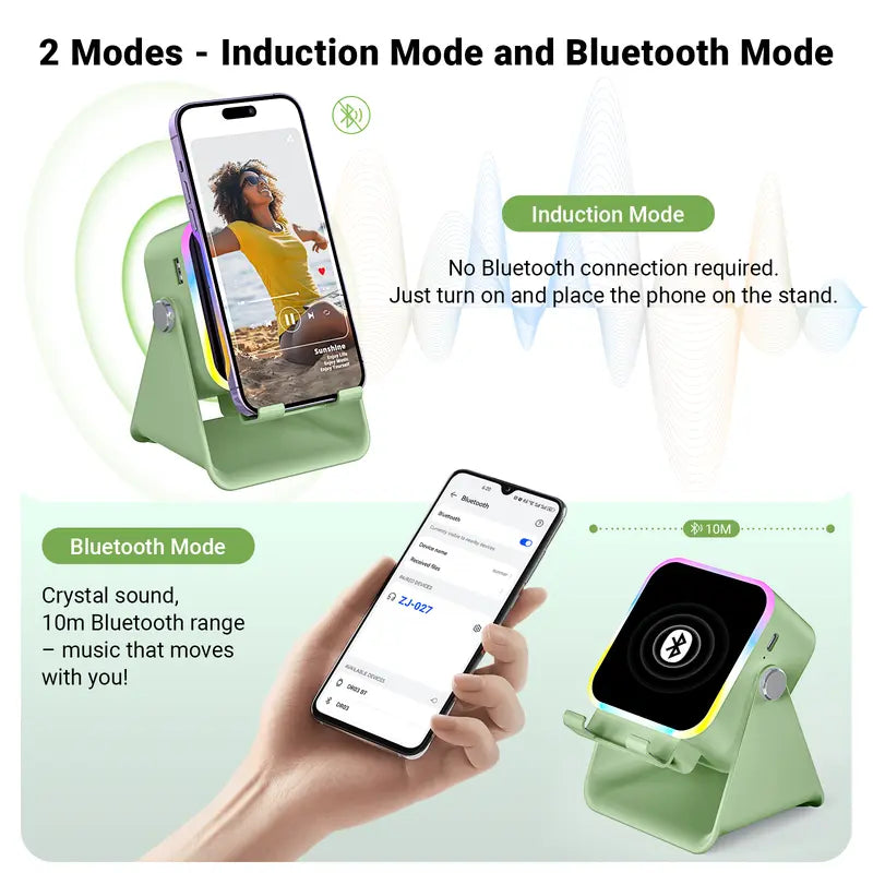 Wireless Induction Audio Speaker Stand, 5in1 Cellphone Holder, 3500mAh Rechargeable Emergency Power Bank,360° Adjustable Mobile Tablet Stand with Colorful Ambient Light Gifts for Men Women, tiktokshopbacktoschool