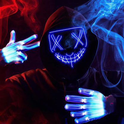 Halloween Led Mask, Light Up Mask and Gloves for Cosplay Costume (Blue), 3 Modes Scary Glow in The Dark Masks for Boys Girls Halloween Party Dress Up Accessories, Gifts Giving