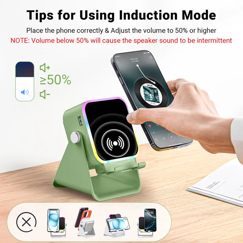 Wireless Induction Audio Speaker Stand, 5in1 Cellphone Holder, 3500mAh Rechargeable Emergency Power Bank,360° Adjustable Mobile Tablet Stand with Colorful Ambient Light Gifts for Men Women, tiktokshopbacktoschool