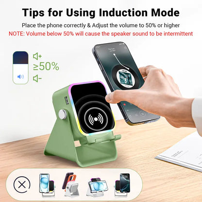 Wireless Induction Audio Speaker Stand, 5in1 Cellphone Holder, 3500mAh Rechargeable Emergency Power Bank,360° Adjustable Mobile Tablet Stand with Colorful Ambient Light Gifts for Men Women, tiktokshopbacktoschool