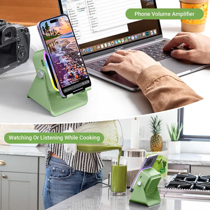 Wireless Induction Audio Speaker Stand, 5in1 Cellphone Holder, 3500mAh Rechargeable Emergency Power Bank,360° Adjustable Mobile Tablet Stand with Colorful Ambient Light Gifts for Men Women, tiktokshopbacktoschool
