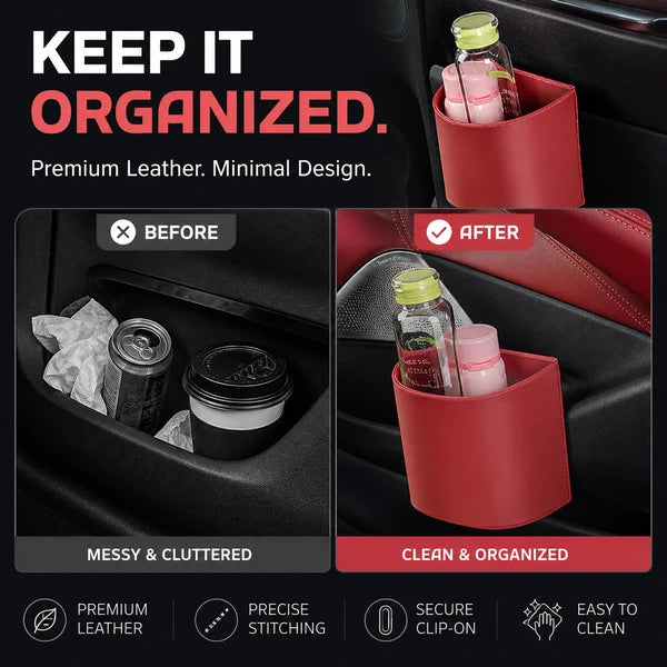 Leather car door organizer holding drinks