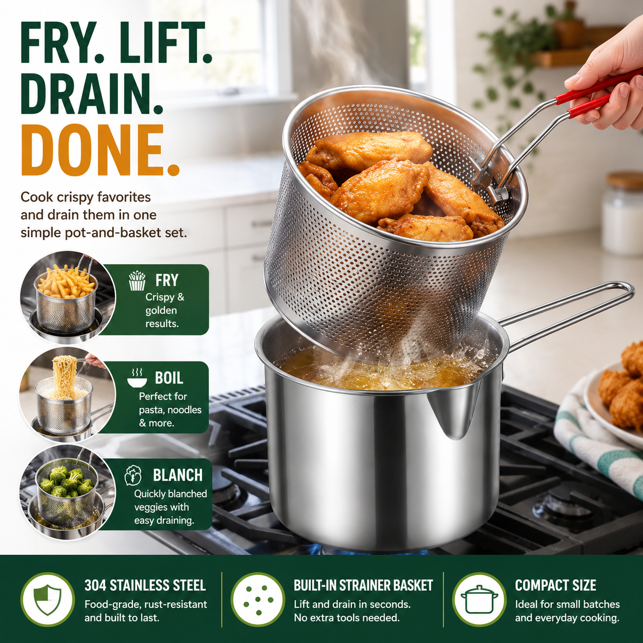Stainless steel mini fryer pot with lift-out basket