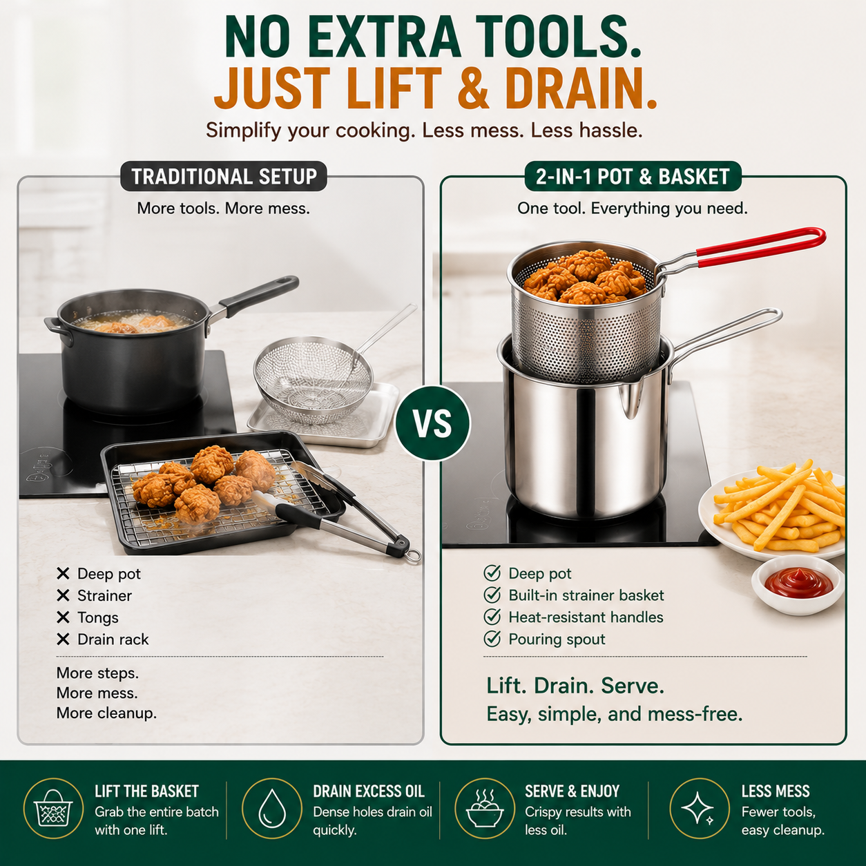 Mini fryer basket lifting a cooked batch from the pot