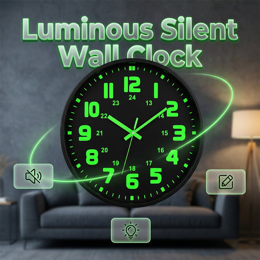 12-Inch Silent Luminous Wall Clock with 3 Adhesive Hooks - product image 1