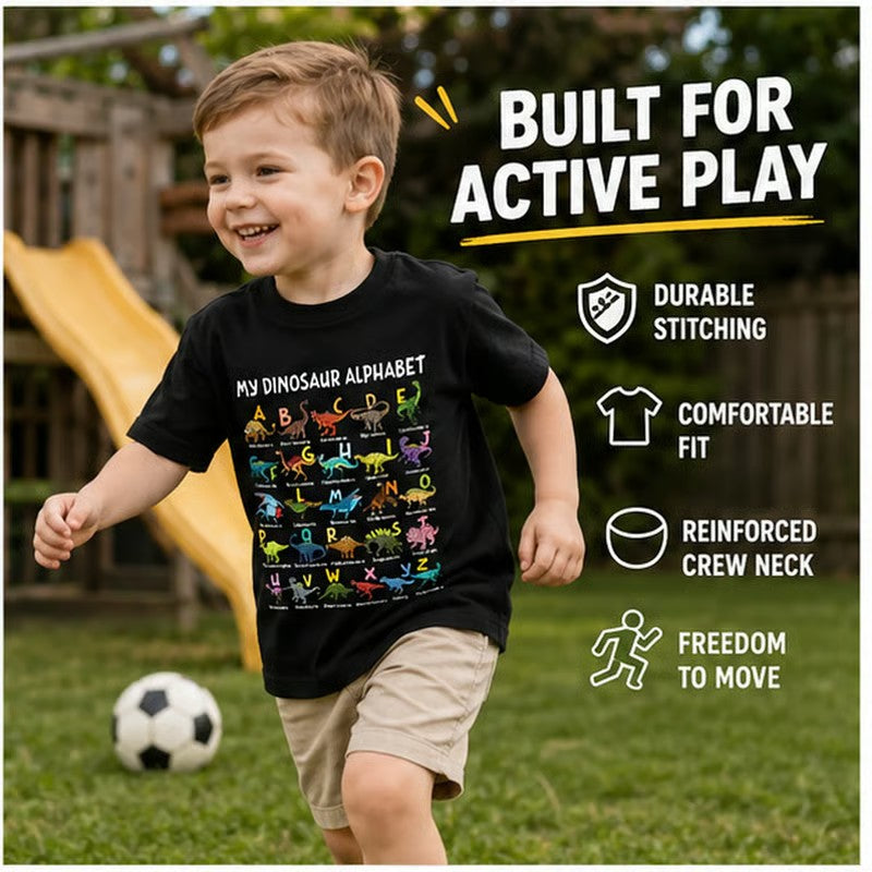 Barn-T-shirt med dinosaurie- och alfabetstryck