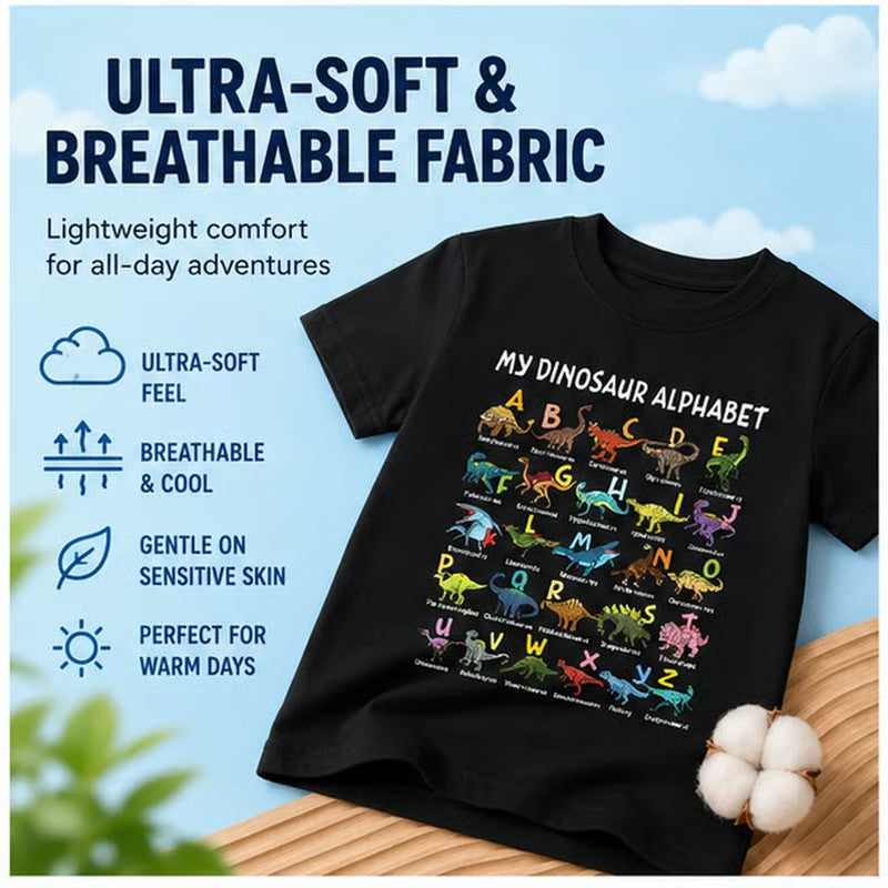Barn-T-shirt med dinosaurie- och alfabetstryck
